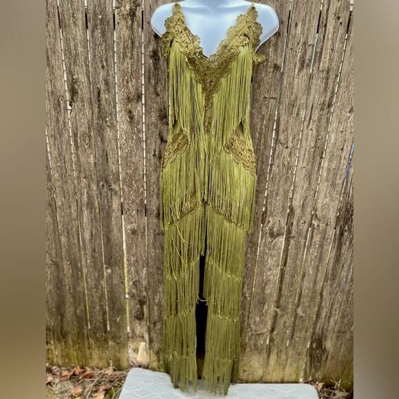 🍄MissOrd Olive Green Fringe Tassel Jumpsuit Lace Size L (AA1) - Picture 4 of 13